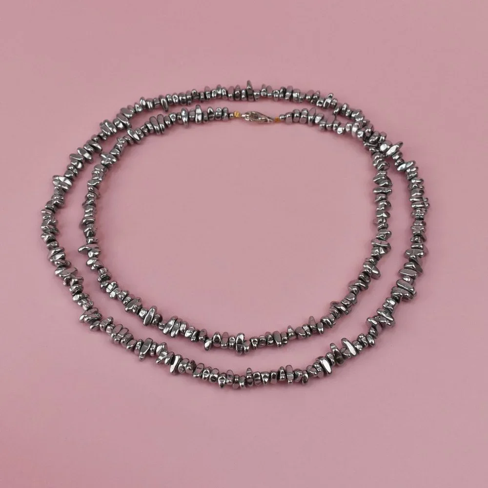 Super long silver hematite necklace boho, unique unusual stone necklace